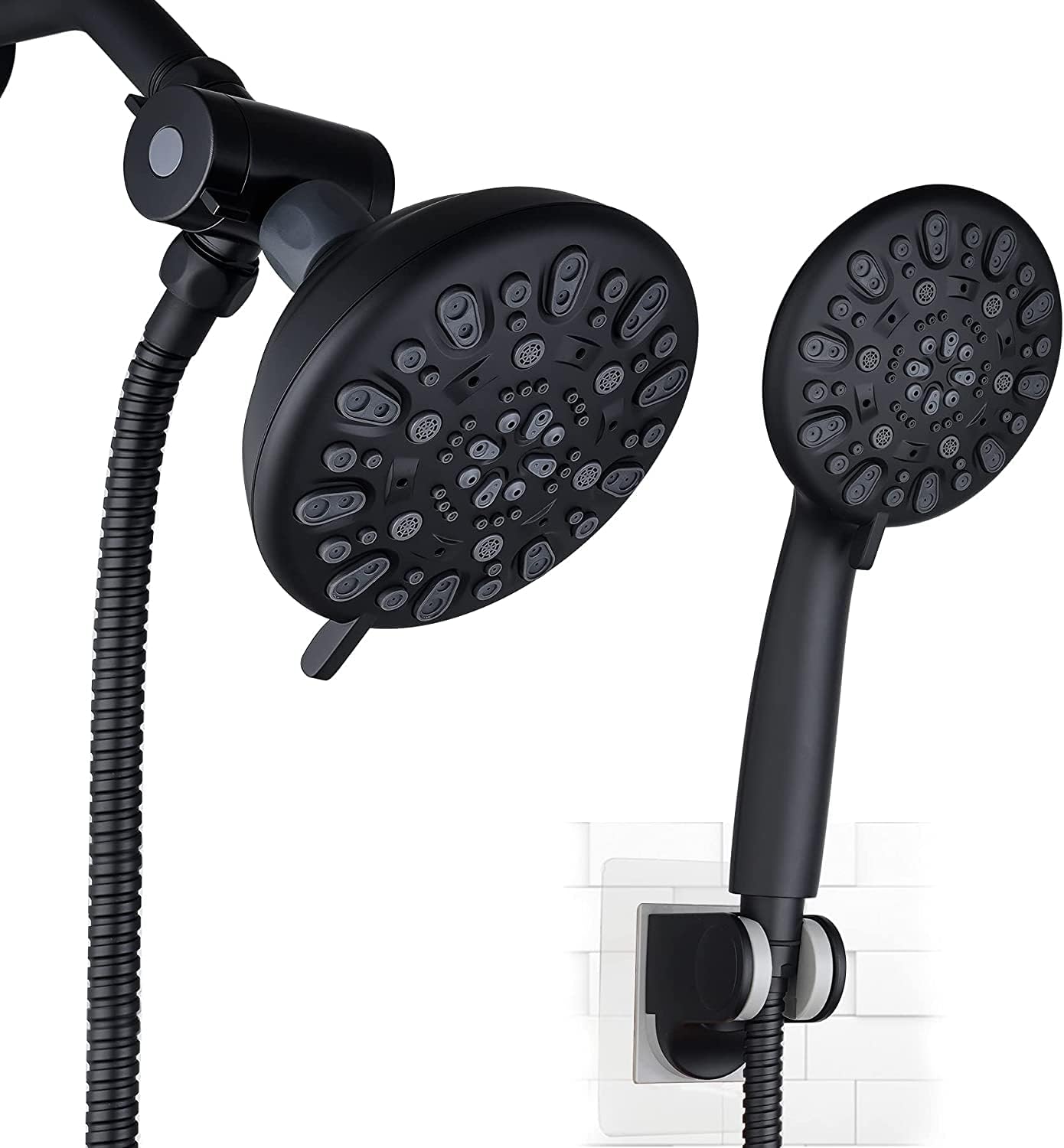High Pressure Shower Head Rainfall Combo with Handheld Shower Head, 5-inch Face 7-spray , 3-way Water Diverter, Adhesive Shower Head Holder, 7-setting Hand held Shower Heads with Hose Brushed Nickel Pack of 2