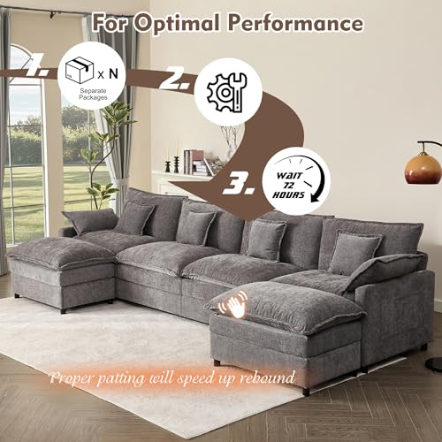 108" U Shaped Couch, Modular Sectional Sofa, 3-Seater Comfy Cloud Couch with Movable Ottoman, Deep Seat Couches for Living Room, Chenille, Black
