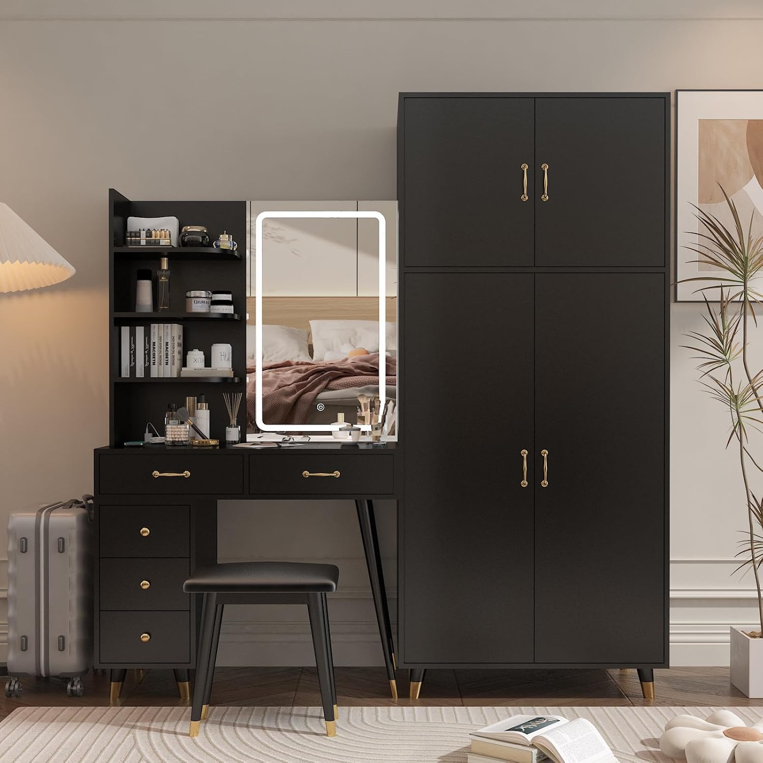 Black Makeup Vanity Desk with 4 Door Bedroom Closet, Lights Mirror, Black Vanity Table and Stool Set, Dressing Table with Armoire Wardrobe Set, Vanity Desk and Tall Storge Cabinet 170 x 50 x 185CM