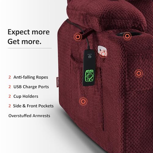 MCombo Dual Motor Power Lift Recliner Chair with Massage and Heat for Elderly People, Infinite Position, USB Ports, Cup Holders, Fabric 7890 (Medium-Regular, Burgundy)