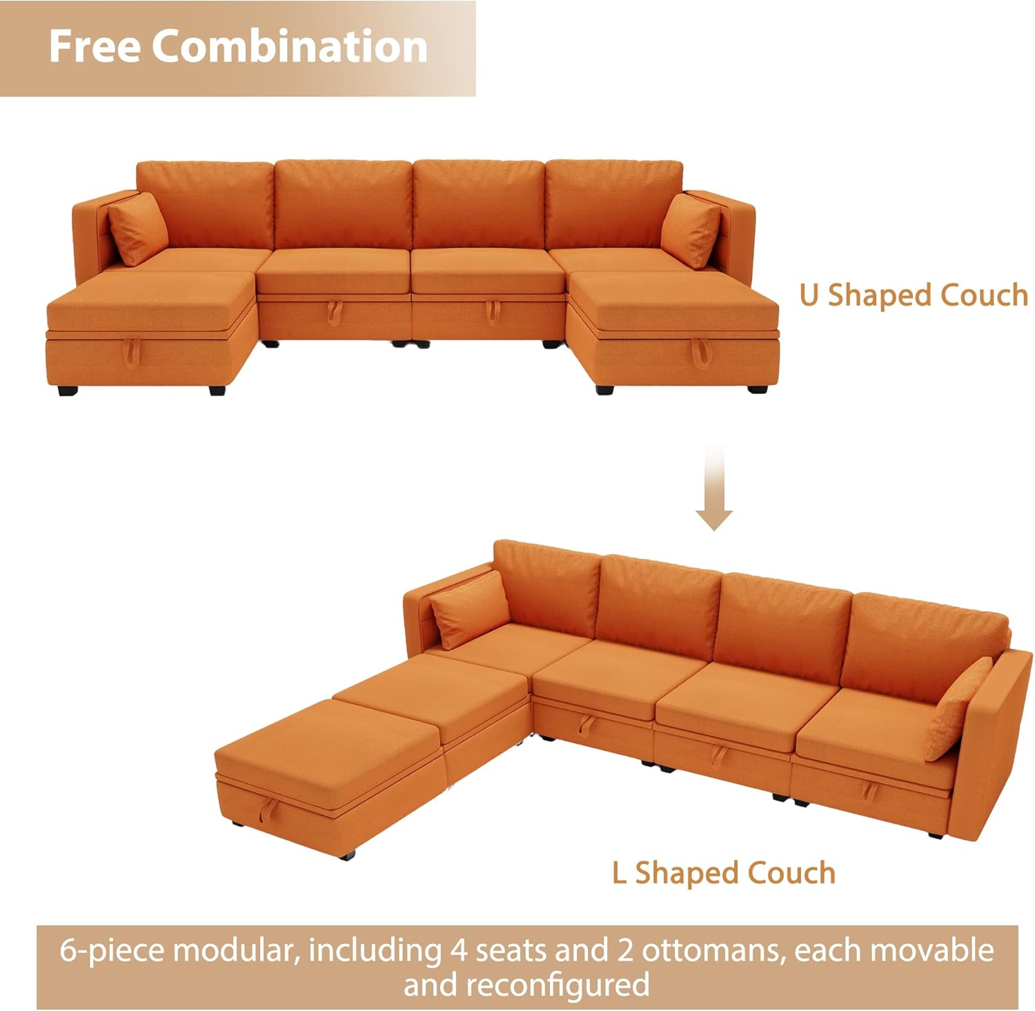 110.2" U Shaped Sectional Sofa Couch, Convertible Modular Sectional Sofa 6 Seat Oversized Modern Fabric Couch with Storage Seat for Living Room Apartment Office (Orange)