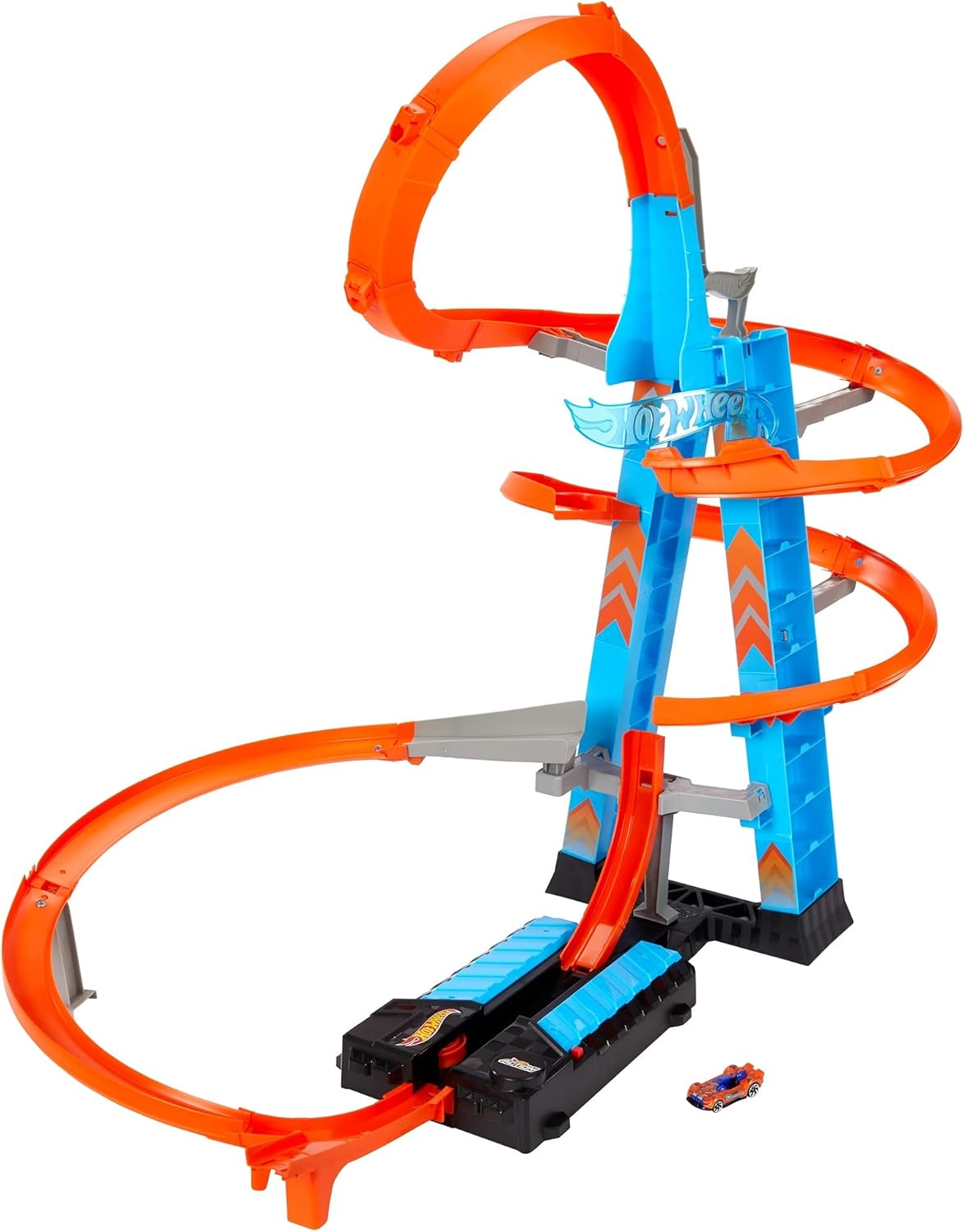 Hot Wheels Sky Crash Tower Track Set, 2.5+ ft High with Motorized Booster, Orange Track & 1 Hot Wheels Vehicle, Race Multiple Cars [Amazon Exclusive]
