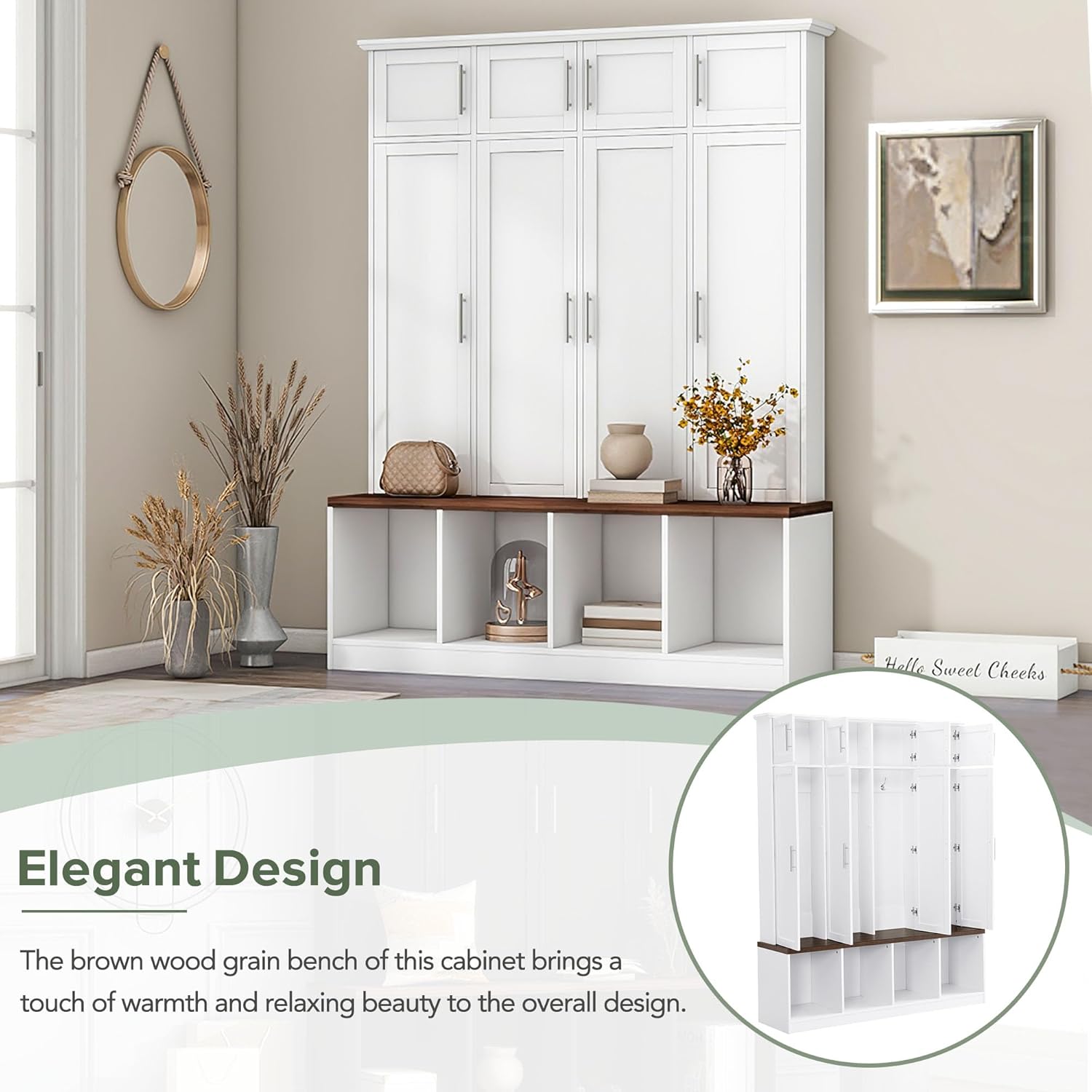 LUMISOL Wide Entryway Hall Tree with Storage Bench & Shoe Cube Storage, Shoe Cabinet with 4 Hidden Hanging Hooks and 8 Cabinets, Hallway Coat Rack with Open Compartments for Living Room Mudroom, White