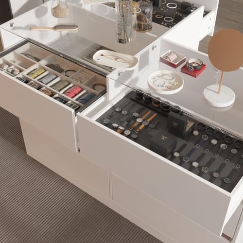 MOUMON Armoire Wardrobe Closet with Glass Tabletop & 9 Drawers, Glass Armoire Island with Cushion Bench & Shelves, Wardrobe Display Cabinet for Bedroom Cloakroom Store White, 27.6”D x 47.2”W x 31.5”H
