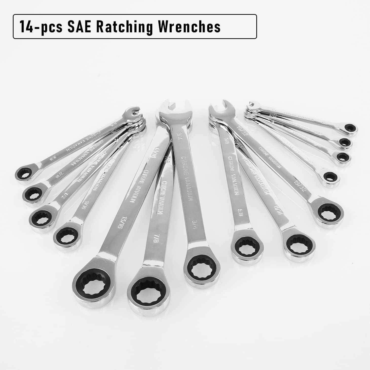14-Piece Ratcheting Wrench Set , SAE 1/4”-7/8” , Chrome Vanadium Steel Combination Wrench set with Wrench Rack Pack of 2