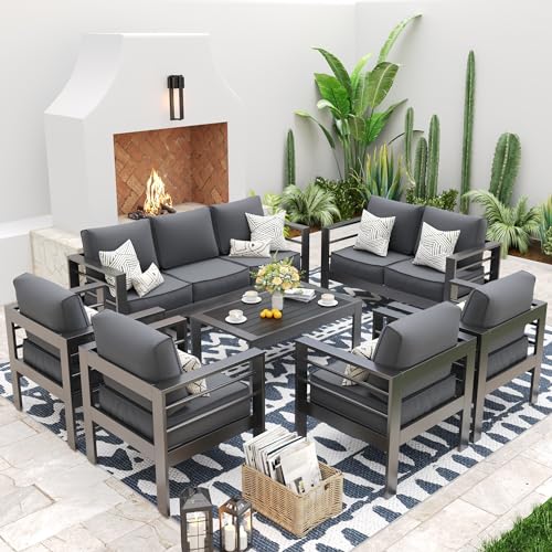 UDPATIO 8 Piece Aluminum Patio Furniture Set, Oversized Modern Outdoor Furniture Set with Olefin Fabric Cushion for Patio Deck Backyard, Dark Grey(with Waterproof Covers)