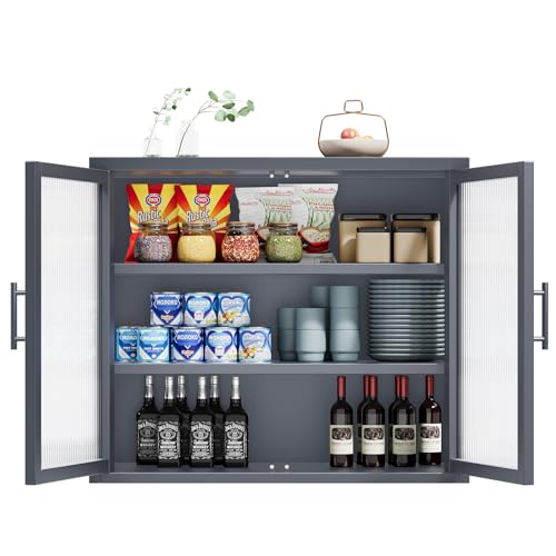 Retro Style Haze Double Glass Door Wall Cabinet with Detachable Shelves for Office, Dining Room,Living Room, Kitchen and Bathroom White