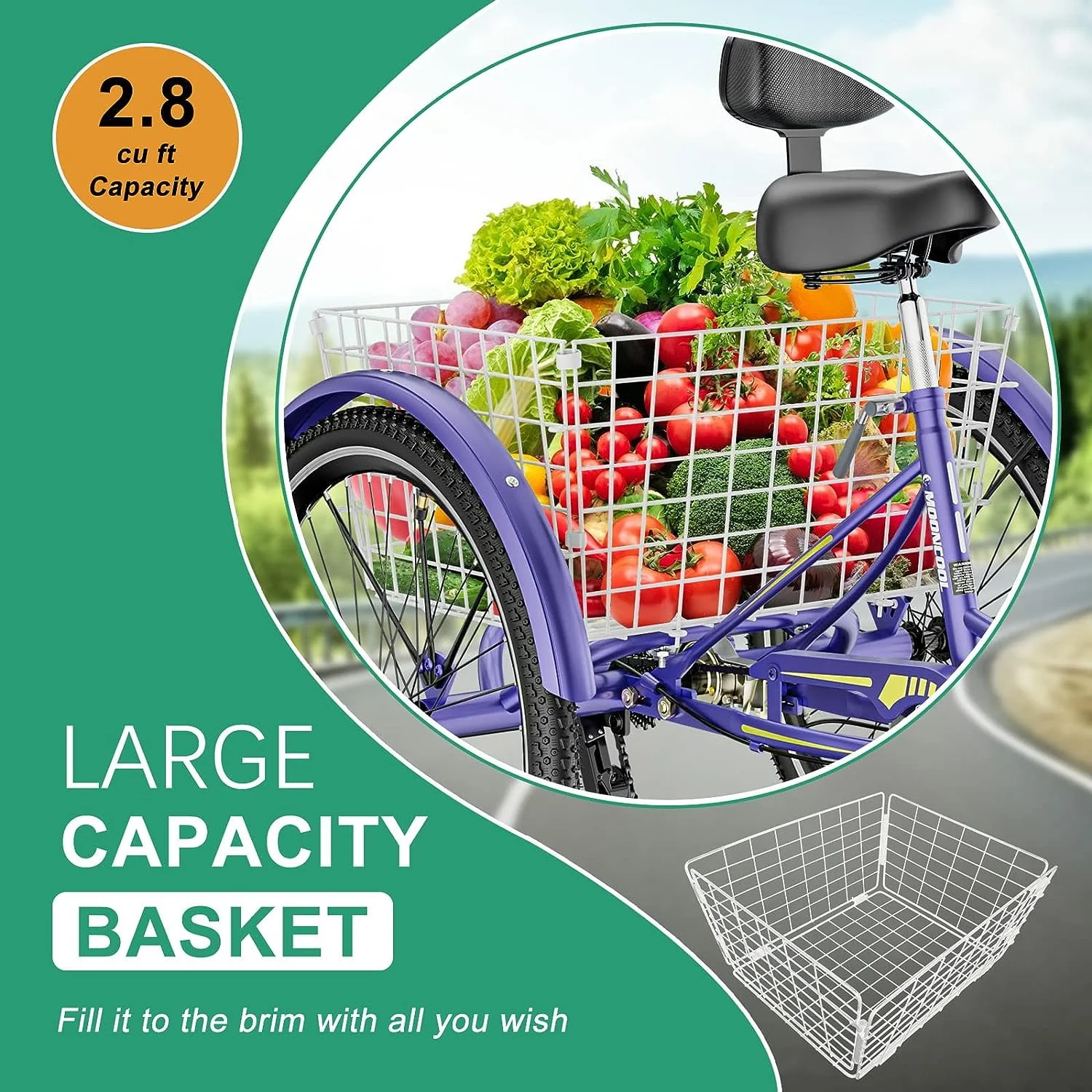 FICISOG 26 Adult Tricycle, 3 Wheel 7 Speed Bikes,450lbs Capacity Cruise Trike with Shopping Basket