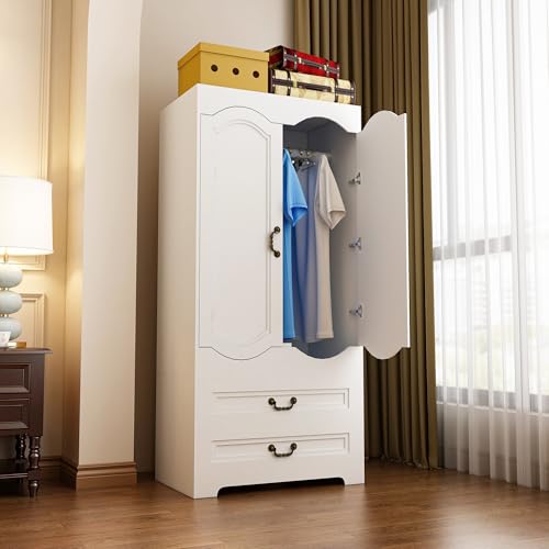 Luxurious 2 Door Wardrobe with 2 Drawer,White Vintage Armoire with Clothing Rod,67" Tall Wooden Closet Wardrobe Cabinet for Bedroom (White)
