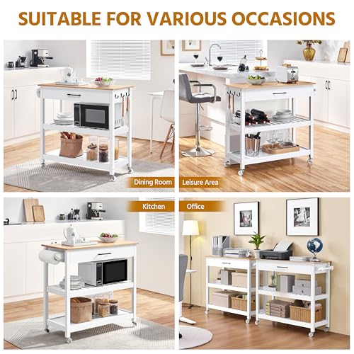 Yaheetech Kitchen Island Cart on Wheels with Bamboo Tabletop, 3-Tier Rolling Kitchen Island Microwave Cart with Drawer, Detachable Towel, 3 Hooks, 17" D x 37.5" W, White
