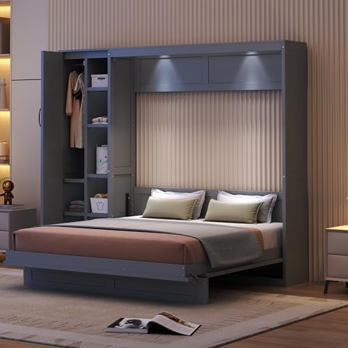 Harper & Bright Designs Queen Size Murphy Bed Wall Bed with Storage Shelves, Wardrobe and LED Lights, Space-Saving for Multipurpose Guest Room or Home Office, Gray