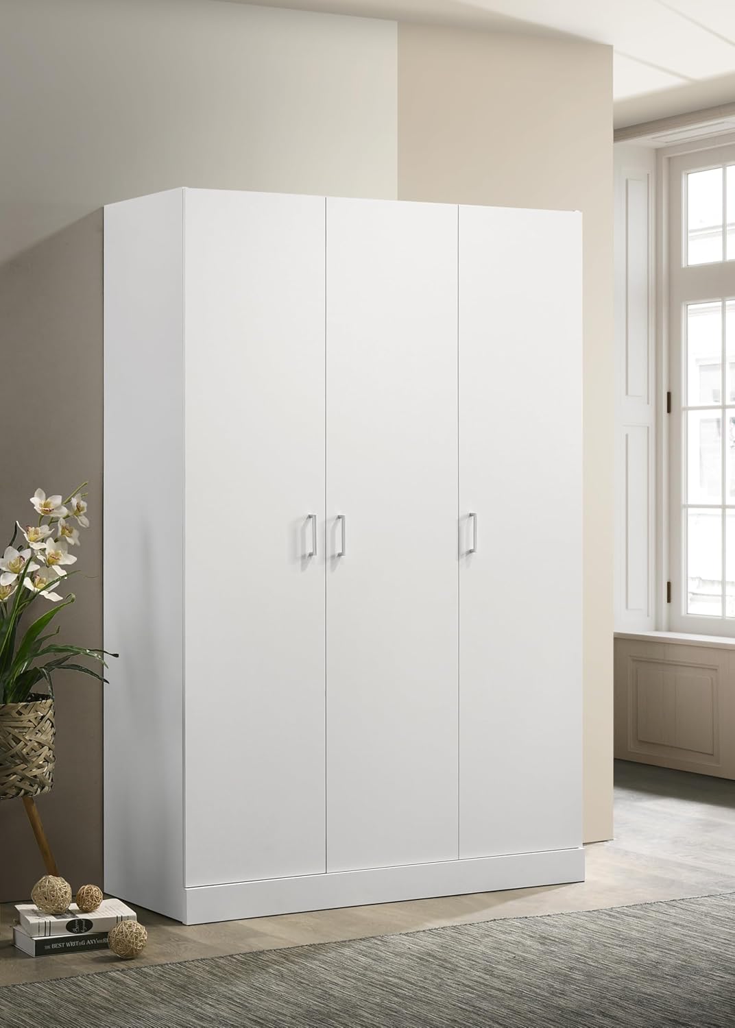 3 Doors Armoire Wardrobe, 71.5" H Bedroom Clothes Cabinet with Storage Shelves and Hanging Rod, Freestanding Wooden Closets Organization, White-4