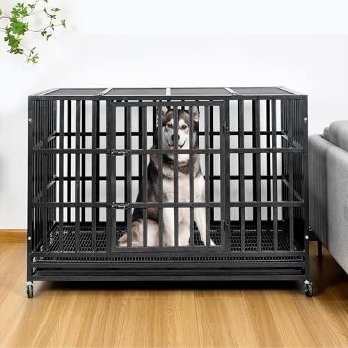 Upgrade 48 Inch Heavy Duty Indestructible XL Dog Crate Steel Escape Proof, Indoor Double Door High Anxiety Cage, Kennel with Wheels, Removable Tray, Extra Large XL XXL