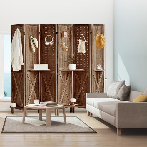 4 Panel Pegboard Display with 16 Hooks, Wooden Pegboard Room Divider Wall with Shelf, Rustic Room Dividers and Folding Privacy Screens, Bedroom, Jewelry Store, Brown