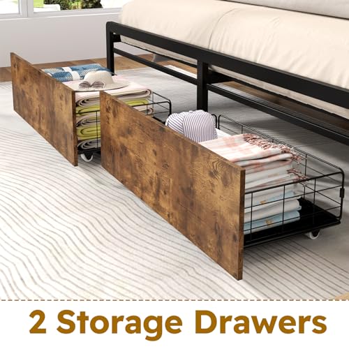 Full Size Bed Frame with Headboard, LED Platform Bed Frames with 4 Storage Drawers, Built in Charging Station, Noise Free, Stable and Solid, No Box Spring Needed, Gray