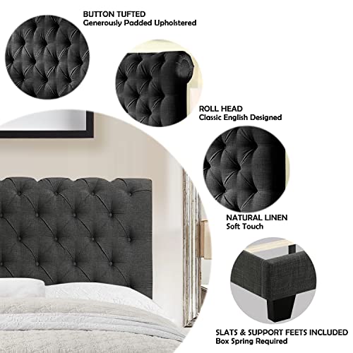 Rosevera Corrine Upholstered Bed Frame with Button Tufting Headboard/Adjustable Headboard/Rolled Head Headboard Bed Frame/Wood Slat Support/Easy Assembly,Twin,Natural