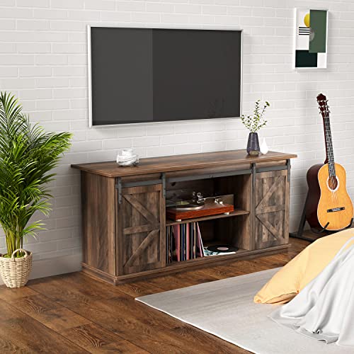 YESHOMY Farmhouse TV Stand for Televisions up to 65 Inches, Sliding Barn Doors and Storage Cabinets, Console Table and Media Furniture for Living Room, 58 Inch, Milk White