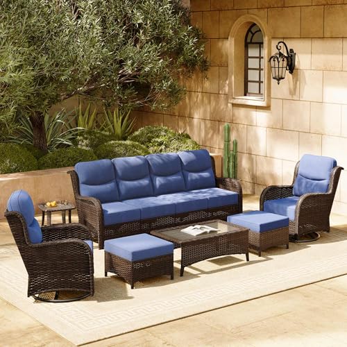 Luxury Patio Furniture Set with 6-inch Thick Cushion, Outdoor Couch and High Back Swivel Rocker Patio Chairs, 7PCS Wicker Conversation Set for Deck, Yard, and Poolside in Blue (V2)