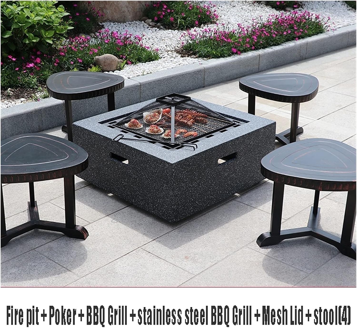 Outdoor Fire Pit Garden Wood-Burning Fire Pit BBQ Table, Outdoor Backyard Patio Fireplace Fire Bowl, with Sparkle Screen Cover and Poker