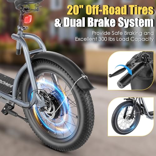 Caroma Peak 800w Electric Scooter Adults 20"X3" Fat Tire, 20 MPH Top Speed & 30 Miles Range, Off-Road E Scooter w/Adjustable Seat & Detachable Basket, Foldable Ebike w/Shock Absorption for Commuting