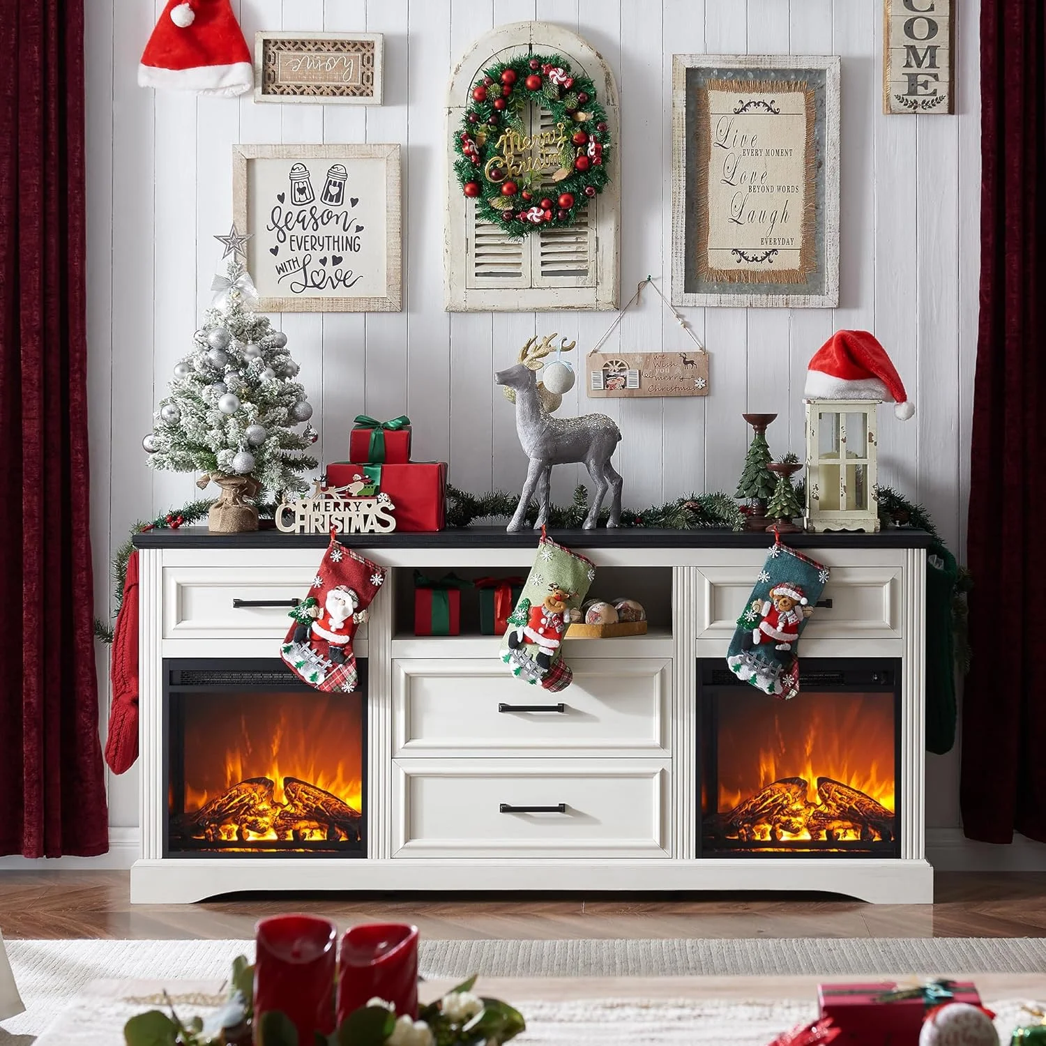 T4TREAM 70″ Fireplace TV Stand for TVs Up to 80″,  Farmhouse TV Console Entertainment Center with 4 Large Drawers for Living Room, Bedroom, White