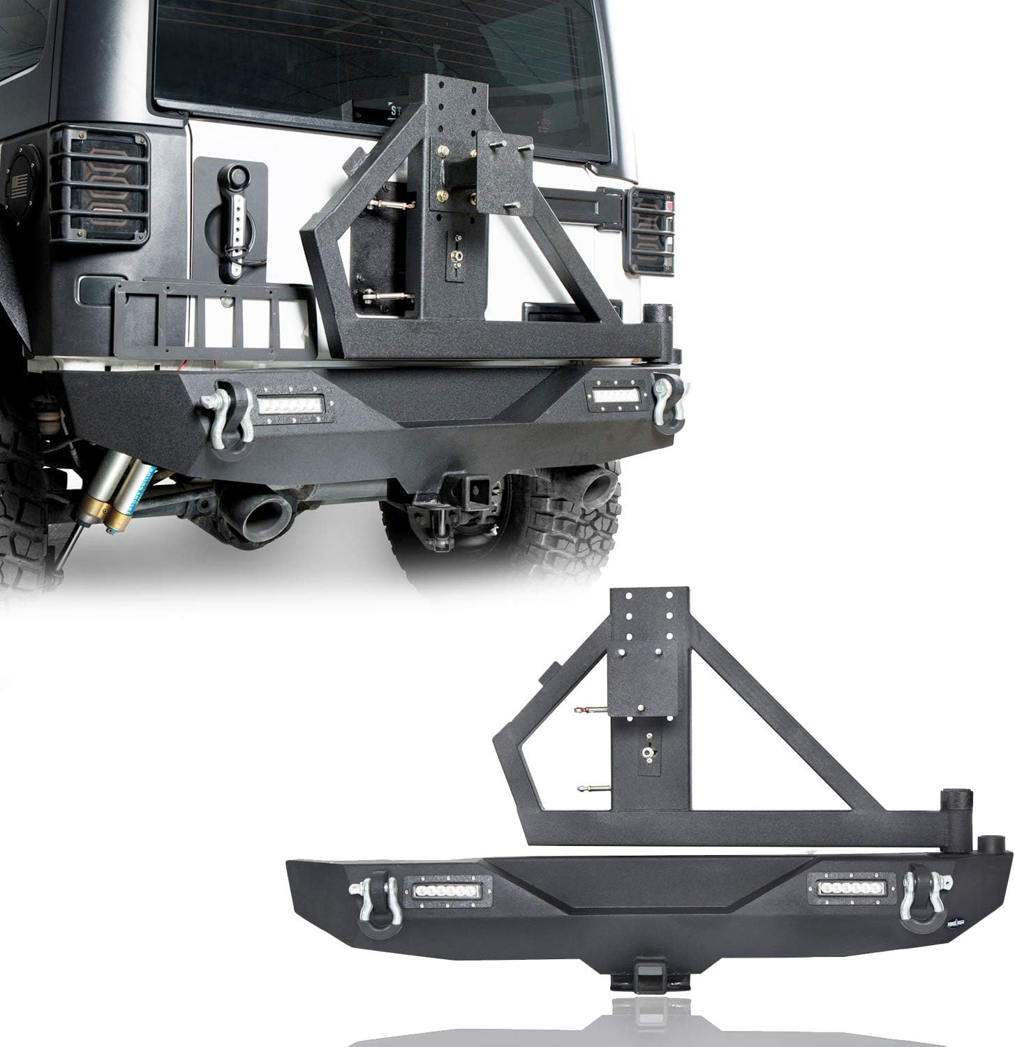 Hooke Road Wrangler JK Rear Bumper with Spare Tire Carrier and 2 Receiver Hitches Compatible with Jeep Wrangler JK & Unlimited 2007-2018