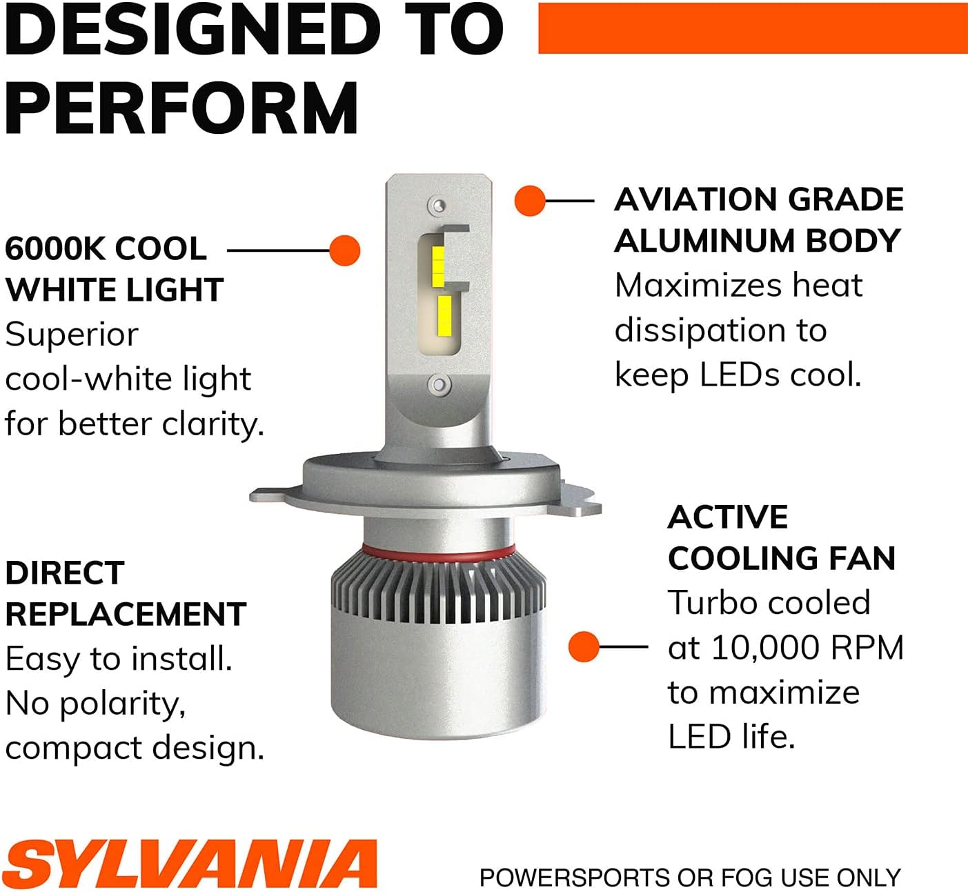 Sylvania 9003 Superior 6000K LED Powersport Vehicle Headlight Replacement Bulbs for Off-Road Use or Fog Lights, Cool White Lights