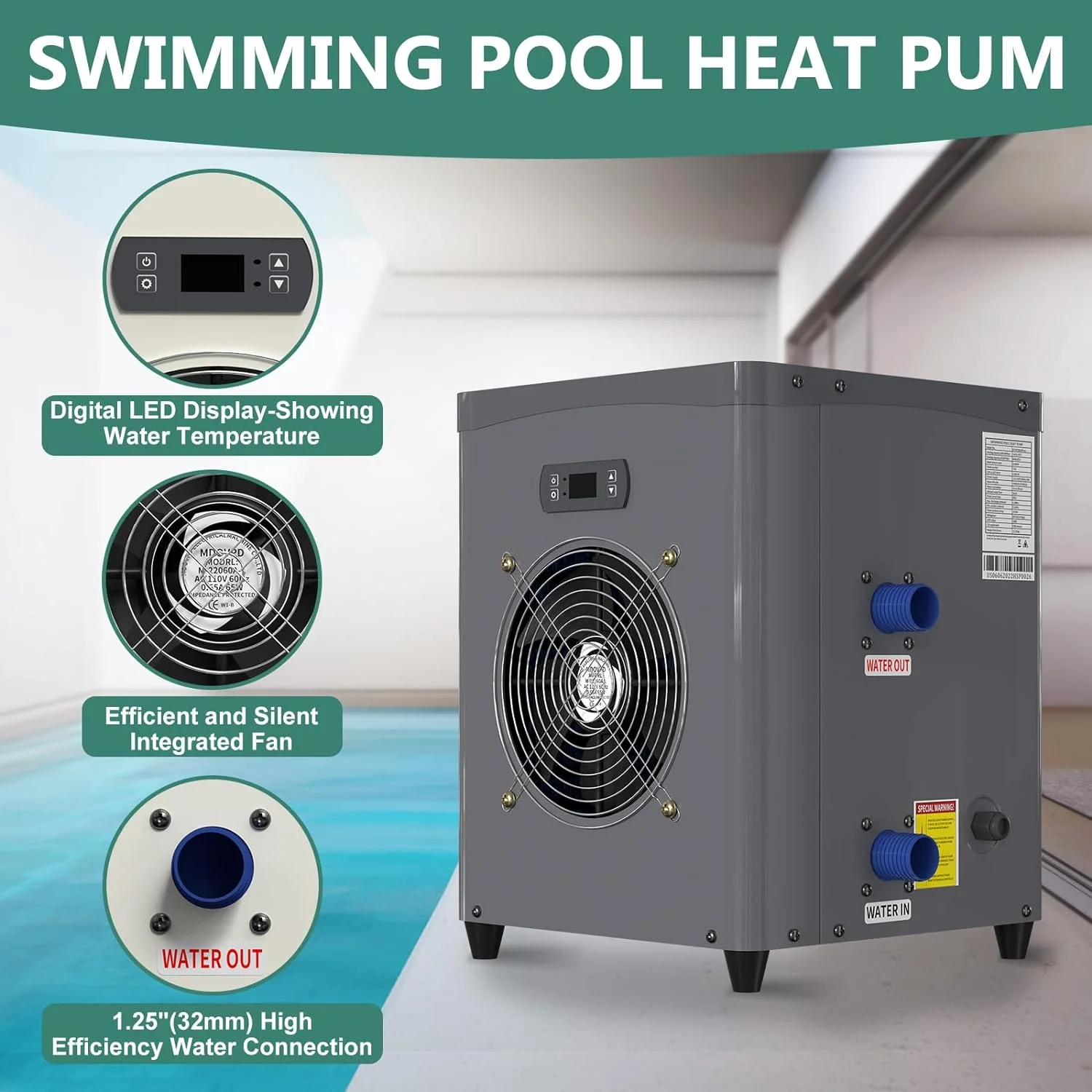 Lilypelle Pool Water Heater for Above Ground Pools,1.8 P Pool Heat Pump,15000 BTU/hr,Up to 5000 gallons,110V~120V/60Hz