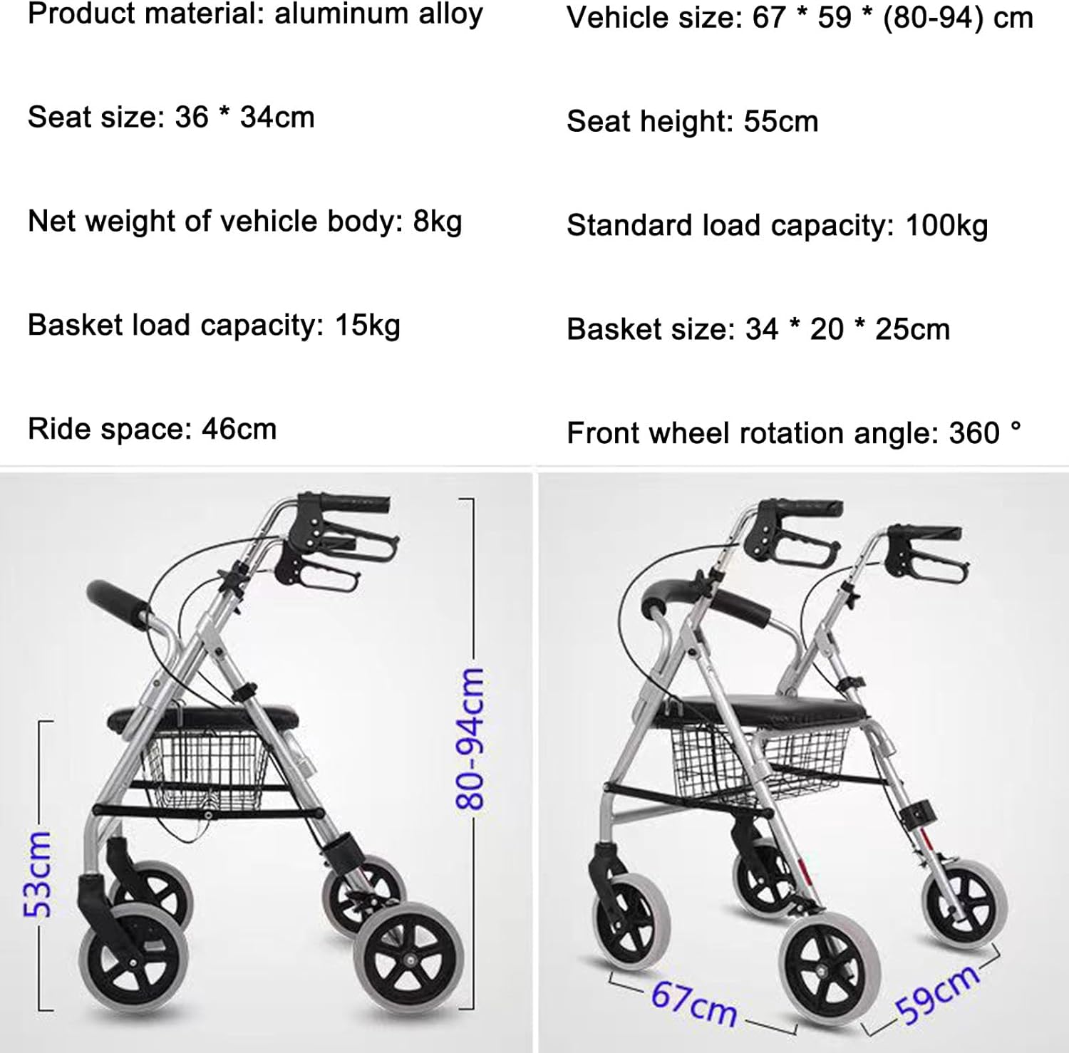 Portable Walkers for Seniors Aluminum Rollator Walker with Seat Four-Wheel Folding Walker Shopping Trolley Elderly Walker Handcart Walker with Large Capacity Storage Basket Black