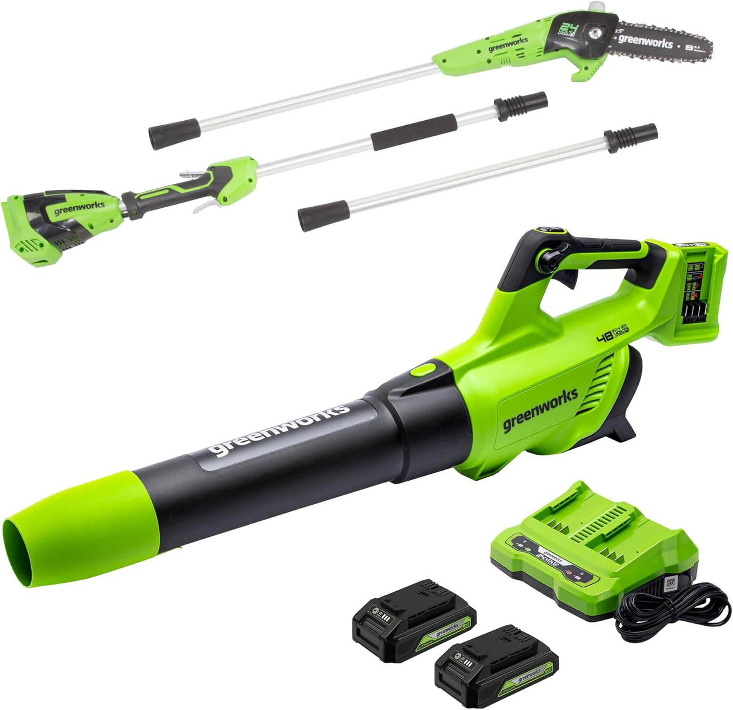 Greenworks 48V (2 x 24V) Cordless Axial Blower (125 MPH / 515 CFM), (2) 2.0Ah Batteries and Dual Port Charger