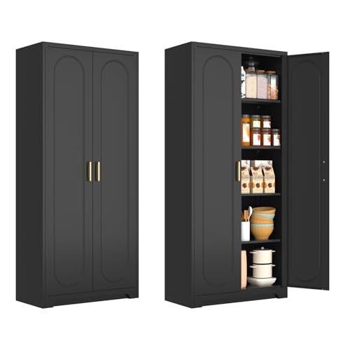 Metal Storage Cabinet with Doors and Shelves, 71 Inch Tall Kitchen Pantry Cabinet, Pantry Cabinets for Kitchen Storage, Freestanding Cupboard for Living, Dining Room, White, Assembly Required