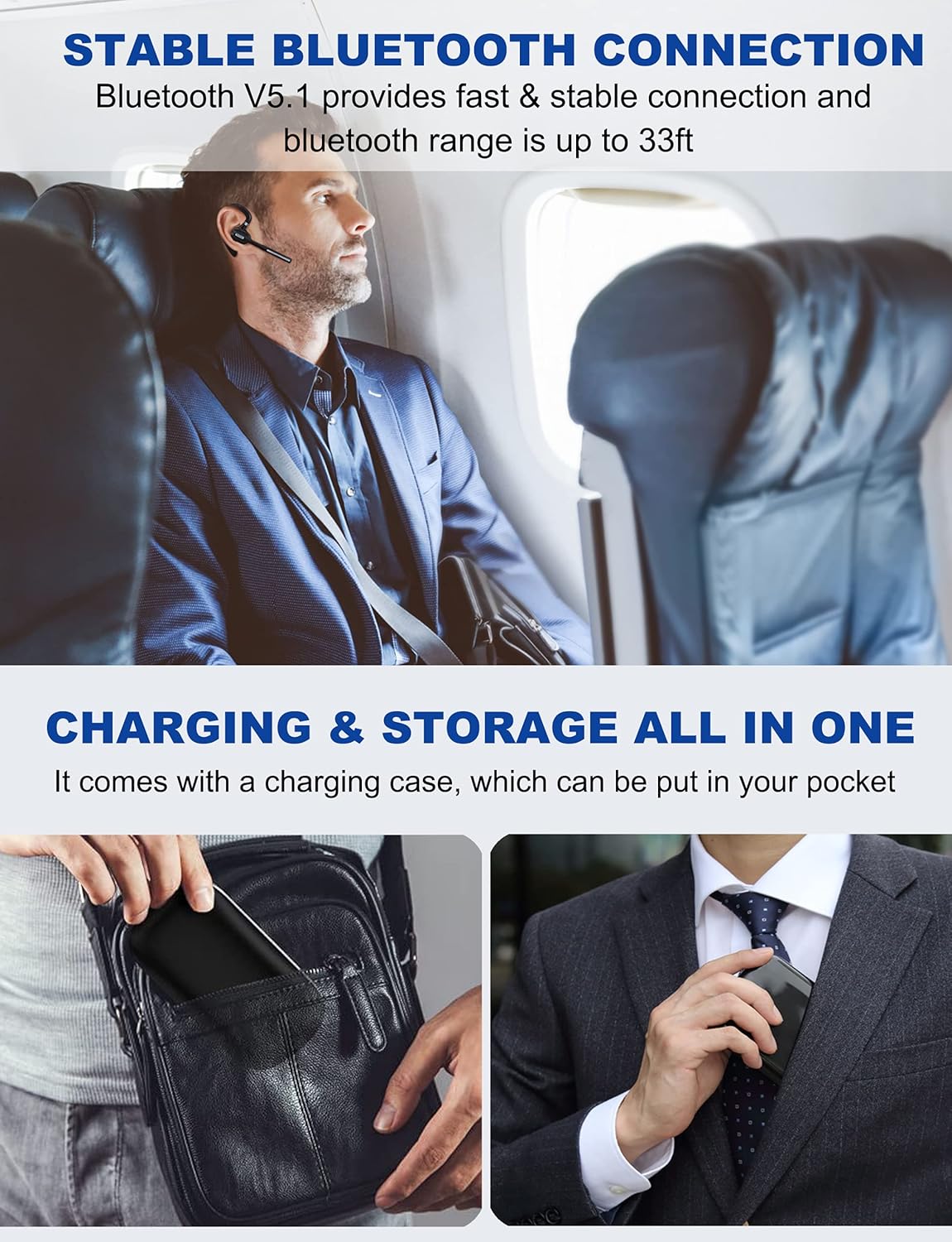 Dechoyecho Bluetooth Headset V5.1, Wireless Headset with Battery Display Charging Case, Bluetooth Earpiece with Noise Canceling Mic for Driving, Office and Business,Compatible with Cell Phone and PC Pack of 2