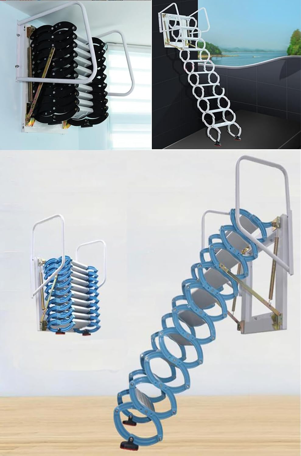 TECHTONGDA Loft Ladder Al-Mg Alloy Attic Steps Pull Down 12 Steps Attic Stairs Wall-mounted Folding Ladder Attic Loft Ladder Stairs with Armrests 9.8ft Height 27.6x27.6in Frame Size