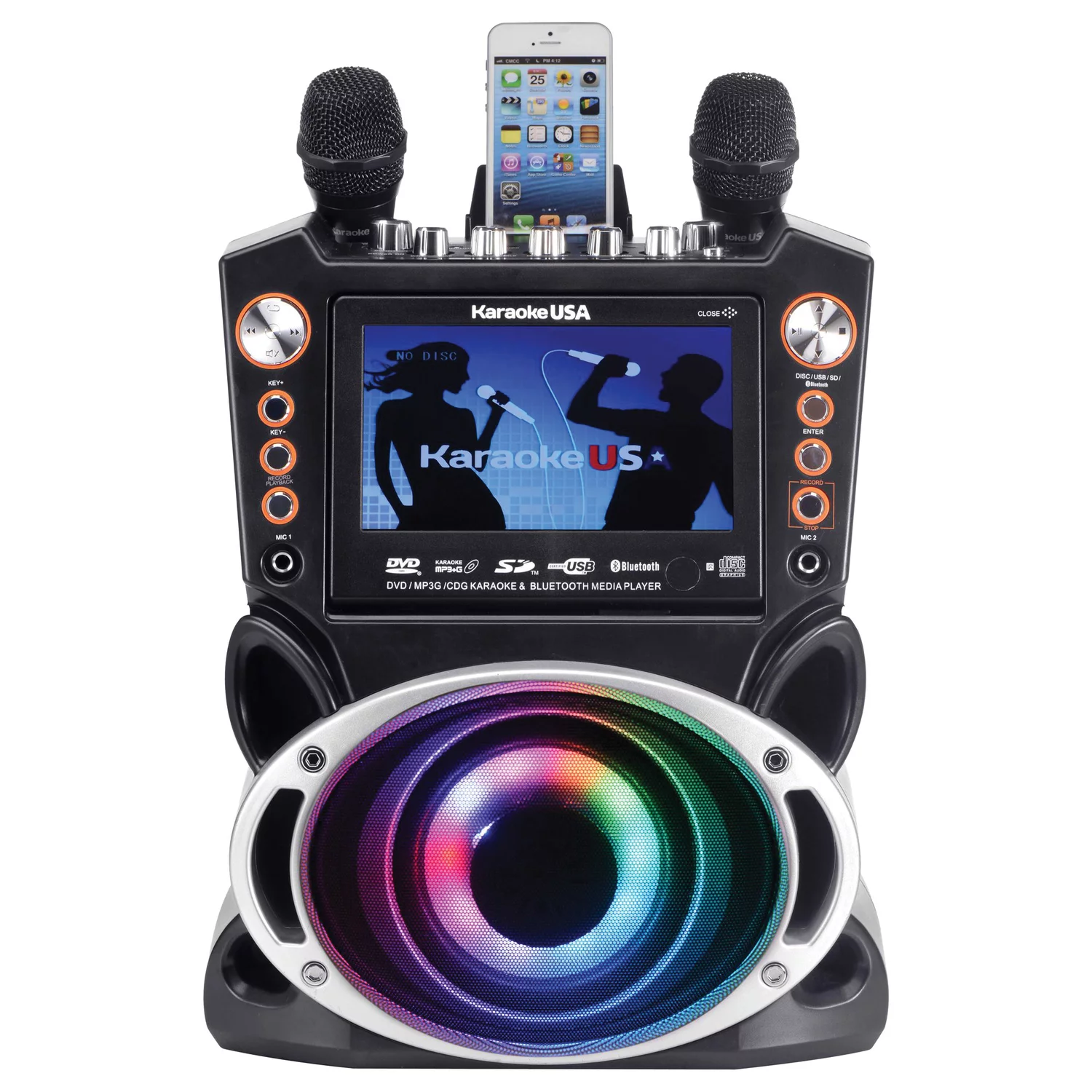 Karaoke USA DVD/CD+G/MP3+G Bluetooth 35-Watt Karaoke System with 7" TFT Digital Color Screen, LED Lights, HDMI Output and 2 Microphones, GF946