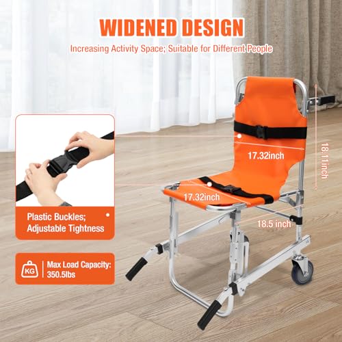 EMS Stair Chair Foldable Stair Chair Lift Ambulance Medical Lift with 2 Wheels Portable Stair Lift Chair with 2 Adjustable Straps for Elderly, Disabled 350 lbs Load Capacity (Orange)