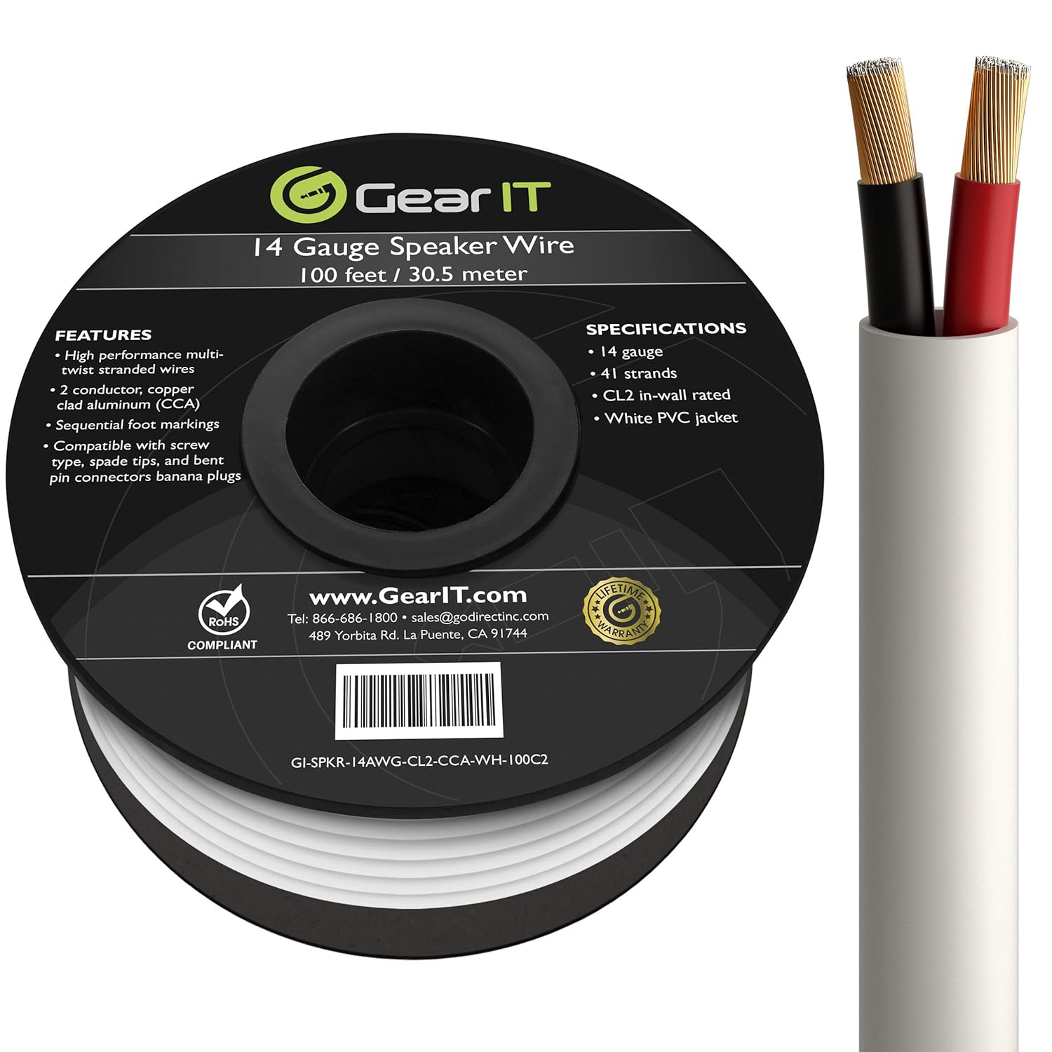GearIT 14/2 Speaker Wire (100 Feet) 14 Gauge (Copper Clad Aluminum) - in Wall Audio Speaker Wire Cable / CL2 Rated / 2 Conductors - CCA, 100ft Pack of 2