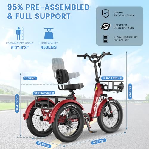 MOONCOOL Electric Trike, Electric Tricycle for Adults, 20" Folding 3 Wheels Electric Bicycle Bikes, 48V 500W/750W Motorized Electric Ebike with Aluminum Frame, Removable Battery and Basket