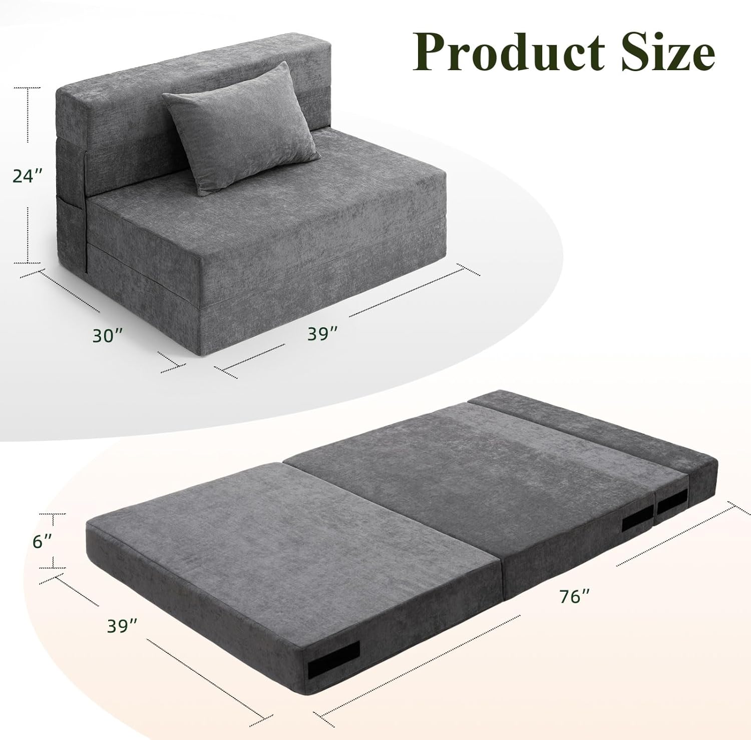 HOMFINE Folding Sofa Bed - Convertible Sleeper Chair with Pillow, Fold Out Couch, Memory Foam Floor Mattress, Futon Couch, Lazy Sofa for Living Room/Dorm/Guest Room/Home Office, Twin, Gray