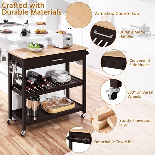 Yaheetech Kitchen Island Cart on Wheels with Bamboo Tabletop, 3-Tier Rolling Kitchen Island Microwave Cart with Drawer, Detachable Towel, 3 Hooks, 17" D x 37.5" W, White