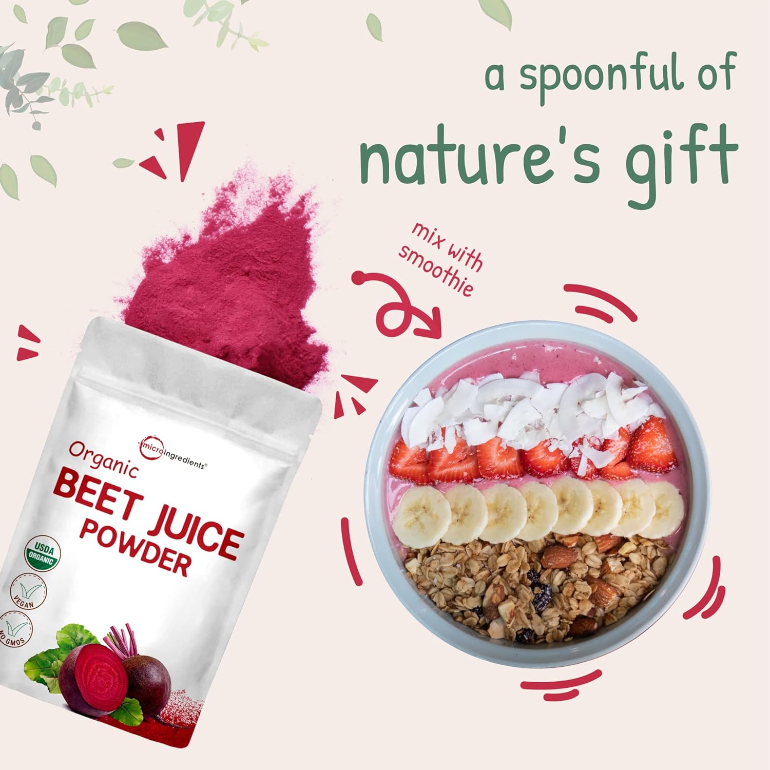 Organic Beet Root Juice Powder, 2 Pounds, Cold Pressed and Water Soluble, Beet Juice Pre-Workout Concentrated Powder, Contains Natural Nitrates Acid for Energy & Immune System Support, Non-GMO Pack of 2