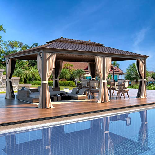 MELLCOM 12'x16' Hardtop Gazebo, Galvanized Steel Metal Double Roof Canopy with Curtains and Netting, Brown Permanent Pavilion Gazebos with Aluminum Frame for Garden, Patio, Lawns, Deck