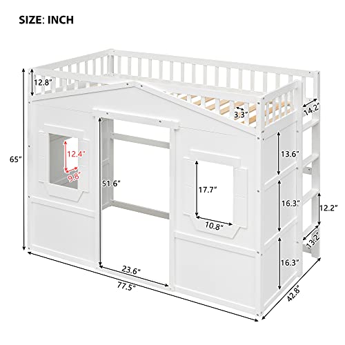 Full House Loft Bed Frame for Kids, Wood Full Loft Bed with Windows and Guardrail, Playhouse Bed, Full Size Loft Bed for Boys & Girls, No Box Spring Needed, Underbed Height is 51 Inches, White