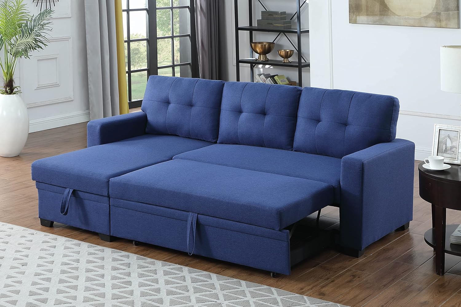 Devion Furniture L-Shape Linen Sleeper Sectional Sofa for Living Room, Home Furniture, Apartment, Dorm Sofabed, Blue