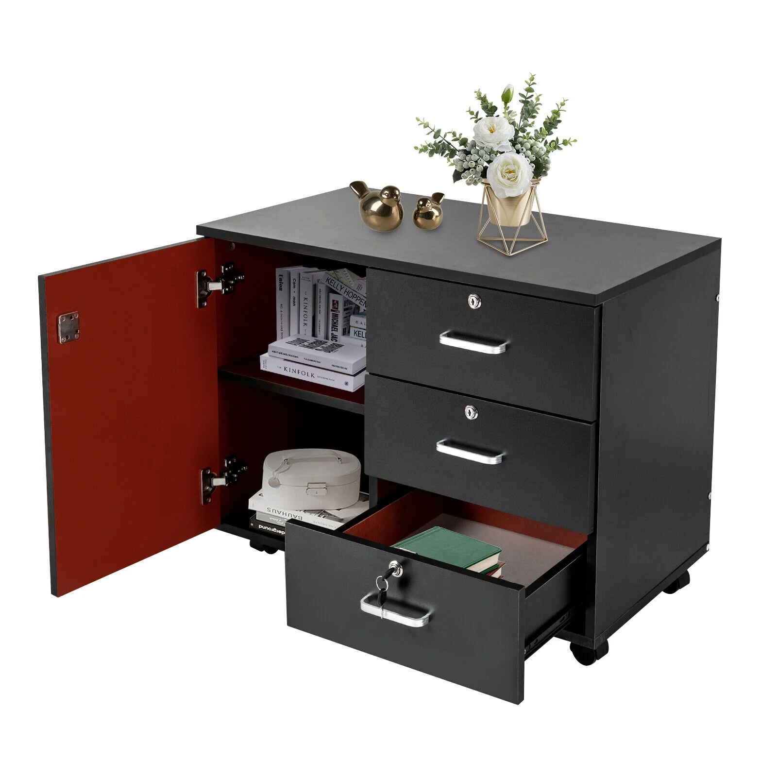 3-Drawer MDF Dresser Chest with Door Mobile File Storage Cabinet Printer Stand