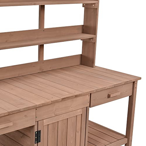 Outdoor Wooden Potting Bench Table – Farmhouse Garden Workstation with Drawers, Cabinet & Storage Shelves, Large Fir Wood Work Table for Patio, Backyard, Mudroom, Greenhouse (Light Brown, 66''H)