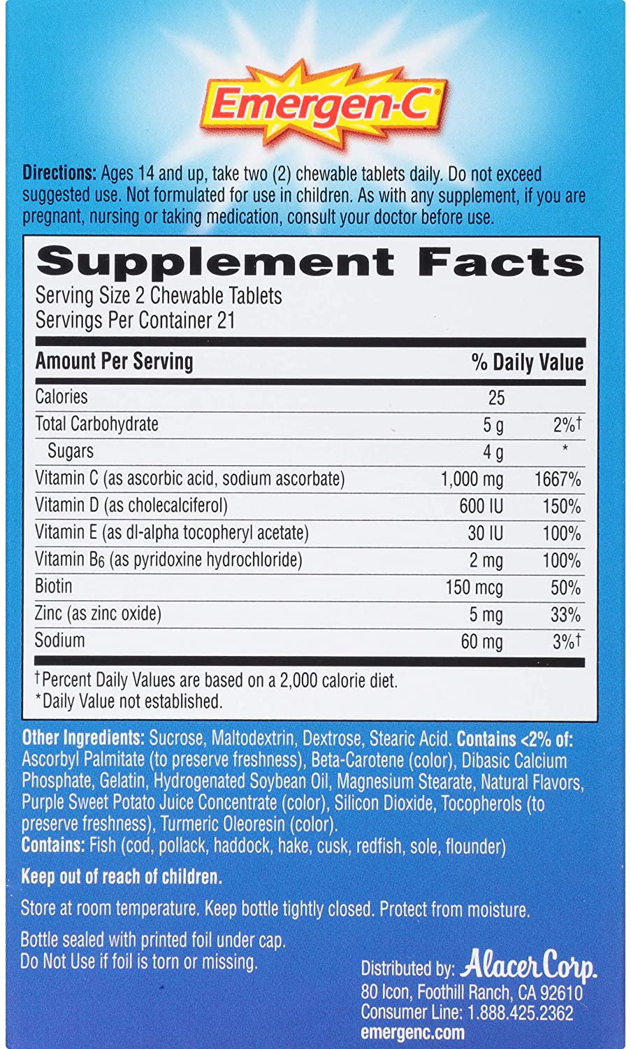 Emergen-C Immune+ Chewables System Support Dietary Supplement Tablet With 600 IU Vitamin D, Orange Blast Flavor 42 ea (Pack of 6)