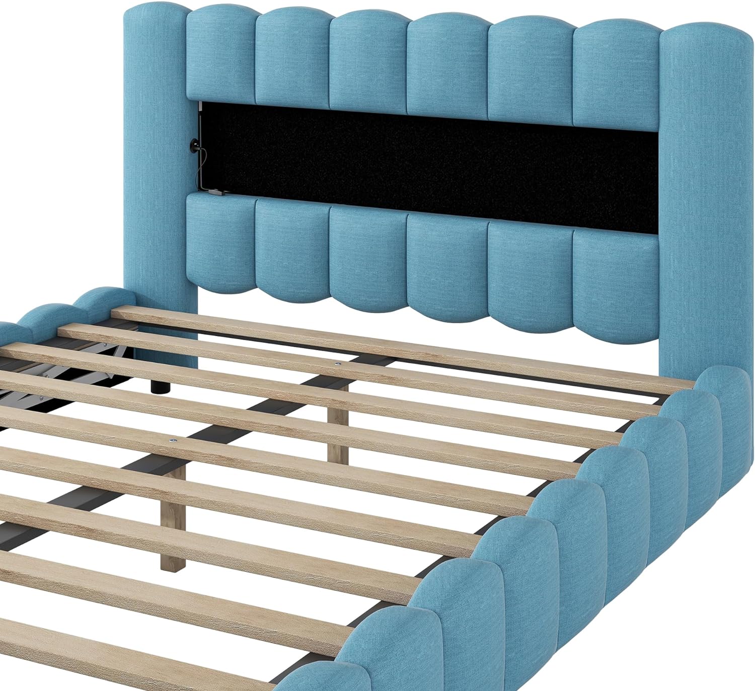 Quee Size Bed With Storage Udereath, Lift Up Storage Bed Frame With LED Headboard Ad USB, Upholstered Platform Bed, Mattress Foudatio, Wood Slat Support, o Box Sprig eeded, Lie Blue