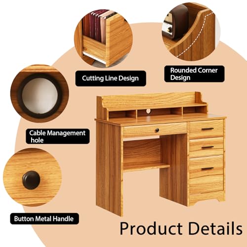 4 EVER WINNER Computer Desk with Storage Drawers and Hutch, 44 Inch Farmhouse Writing Study Desk with Monitor Stand for Small Space, Home Office Desks Wooden Desk for Bedroom, Home Office, White
