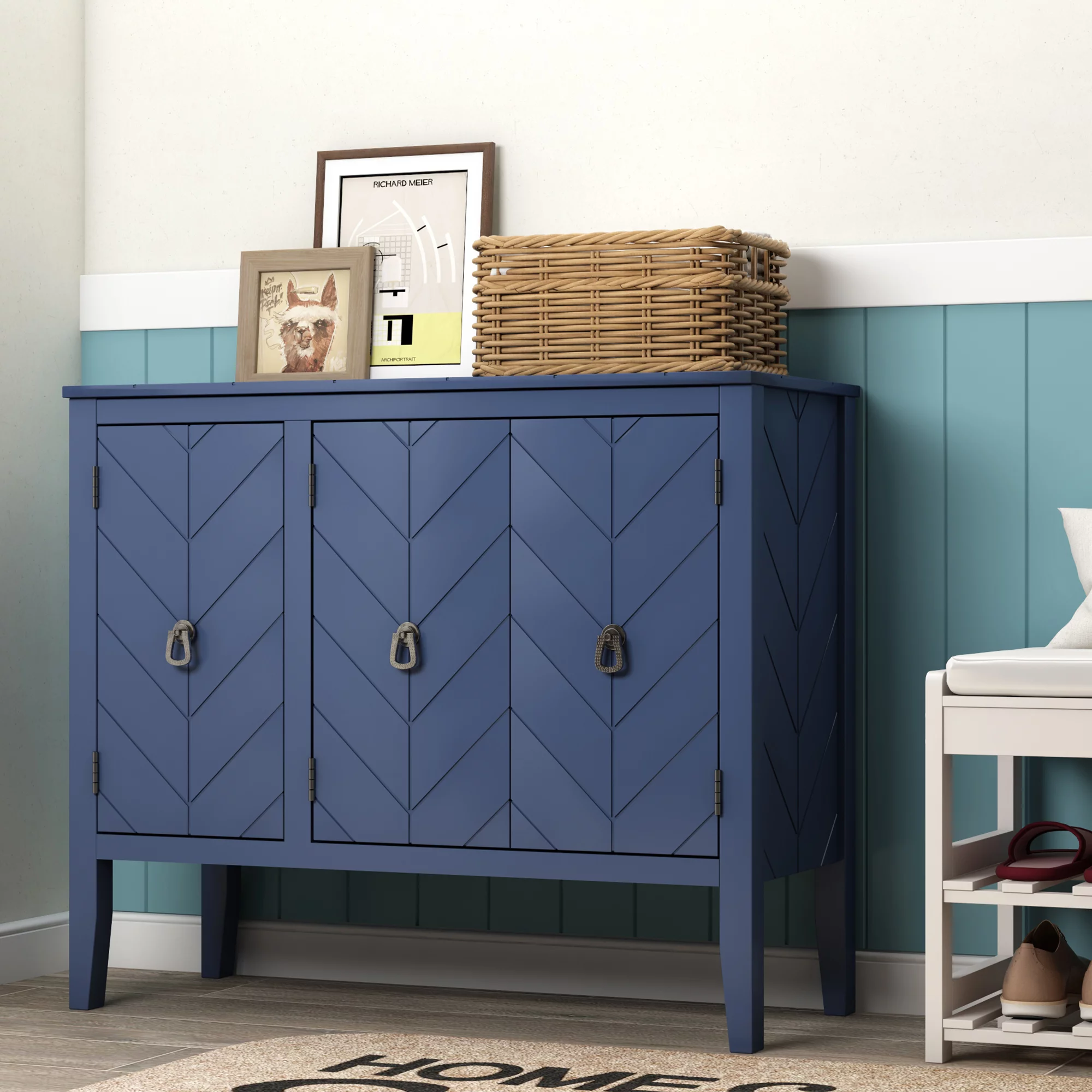 Ouyessir Solid Wood Buffet Sideboard Entry Console Table, Antique Storage Cabinet with Doors and Adjustable Shelf, for Living Room, Dining Room, Kitchen, 37" L x 15.7 W x 31.5 H, Navy Blue