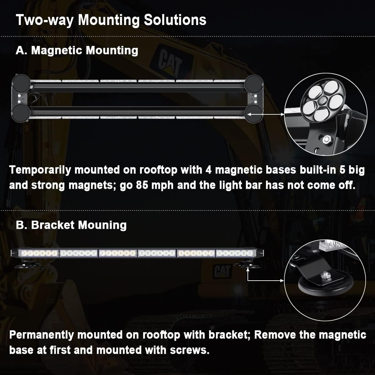 Roof Top Safety Flashing 80 LED Amber White Emergency Strobe Light Bar for Trucks Snow Plows Construction Vehicles, WOWTOU Strong Magnetic Double Side Caution Warning Beacon Lights